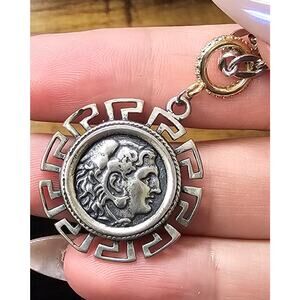 Sterling Silver Greek Key Coin Pendant Necklace | Alexander Coin Style Medallion